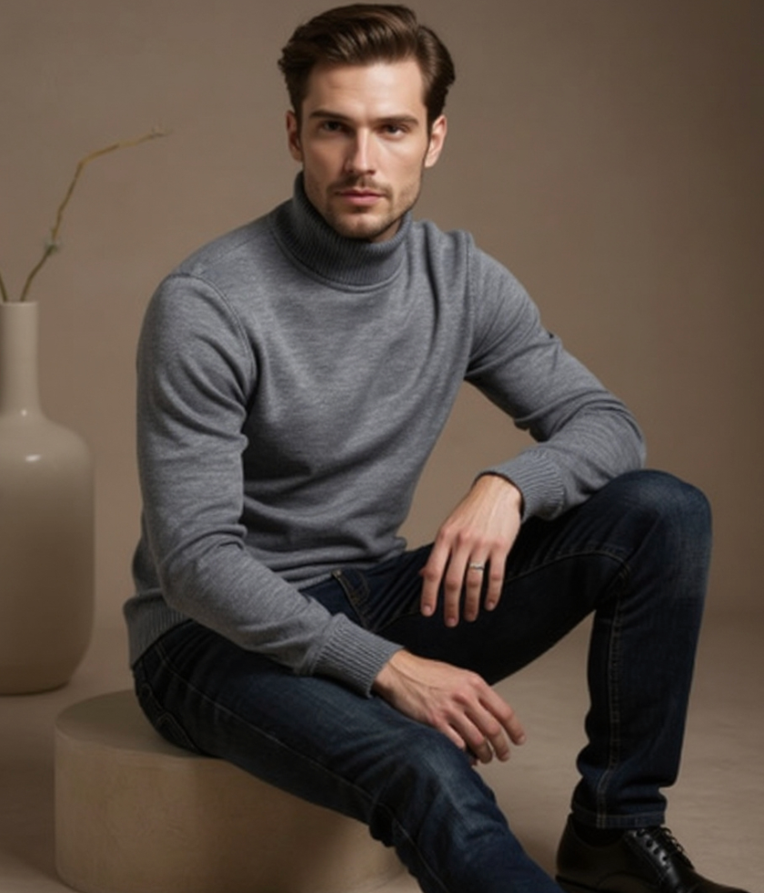 Arven - Ribbstickad Turtleneck Tröja för Män